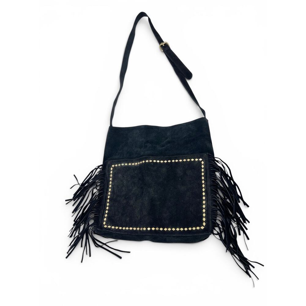 Vintage Steve Madden Black Suede Leather Fringe Studded Crossbody‎ Bag Shoulder